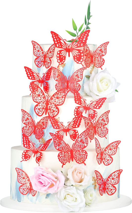 Gyufise 36 Pack Red Glitter 3D Butterfly Cupcake Toppers Hollow Cake Decorations for Birthday