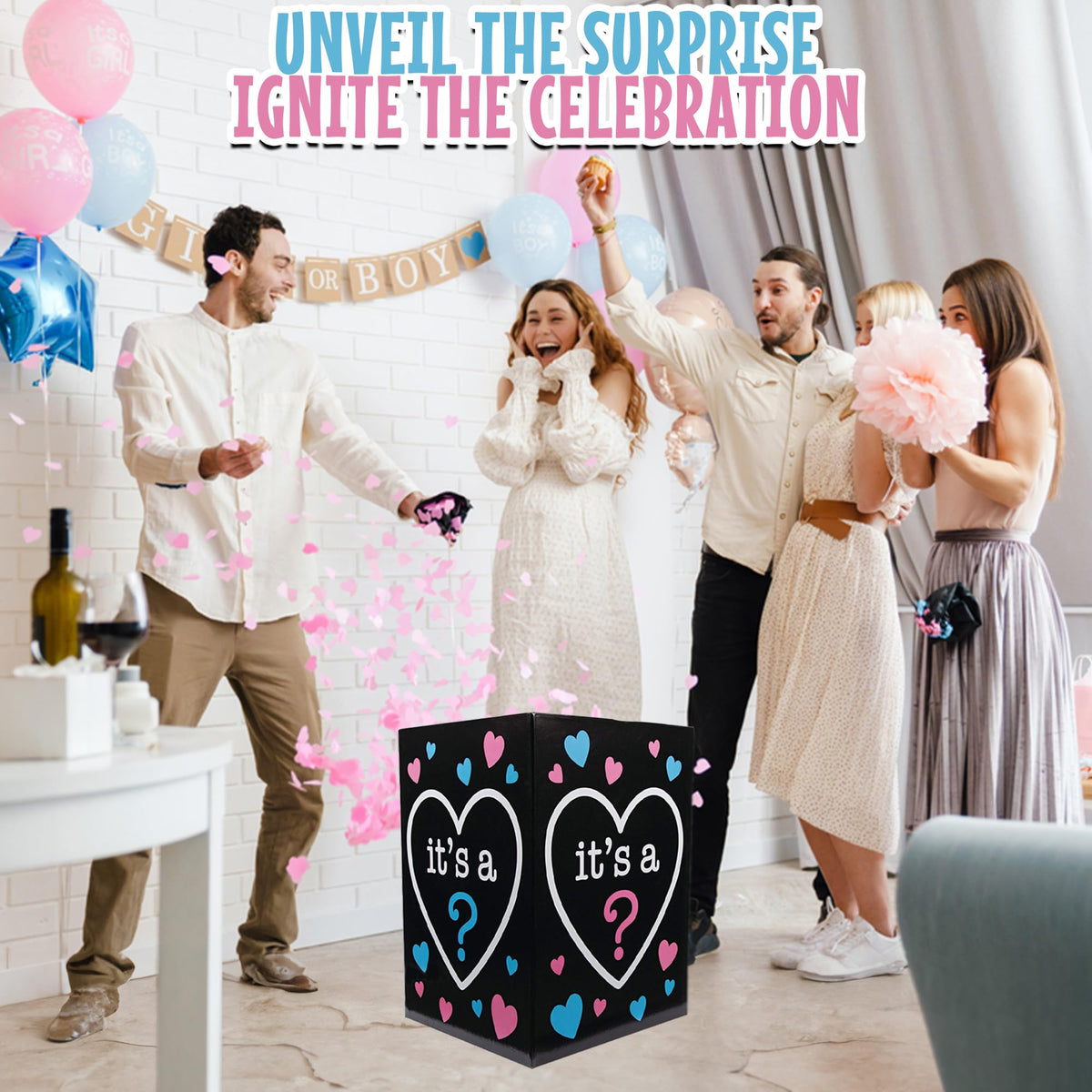 Fun Express Gender Reveal Balloon Box for Baby Shower Party - Premium 24 Inch Tall Black Cardboard
