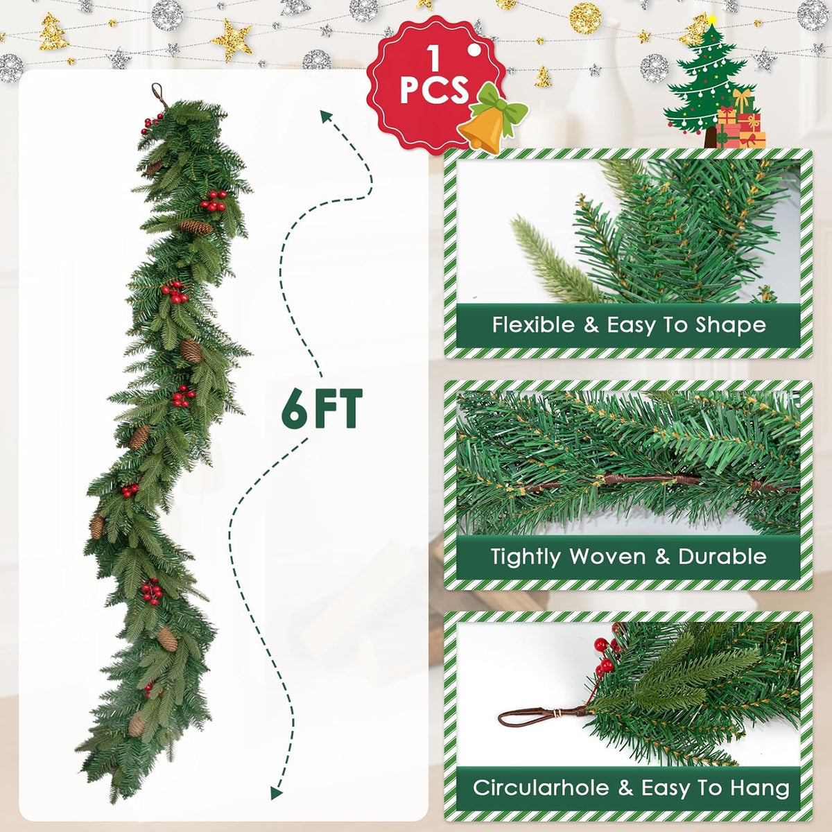 6FT Christmas Garland Artificial Norfolk Pine Tree Greenery, Cedar Cypress with Red Berries Pine