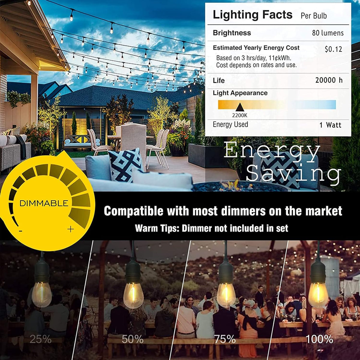 Achin Outdoor String Lights 48FT Dimmable Warm 2200K LED Patio Lights Outdoor Waterproof with 16