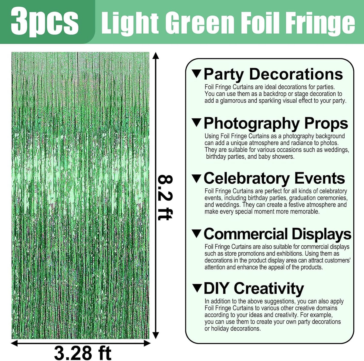 3 Pack Light Green Foil Fringe Curtain Backdrop, 3.28Ft x 8.2Ft Metallic Tinsel Foil Fringe