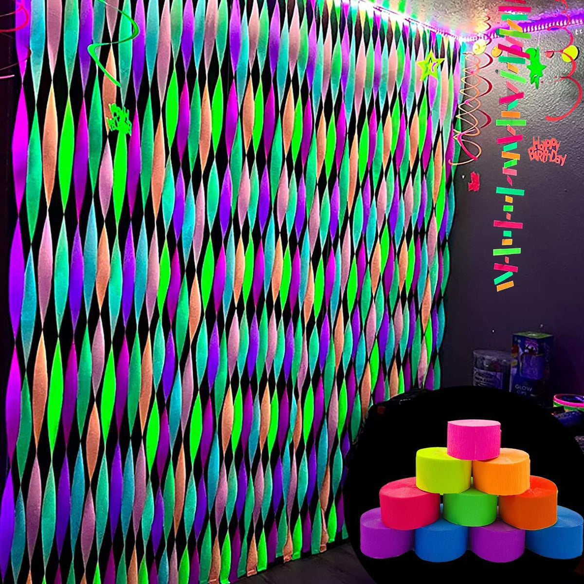 1776 feet Glow Party Neon Streamer Decorations Glow Crepe Neon Paper Streamers UV Reactive