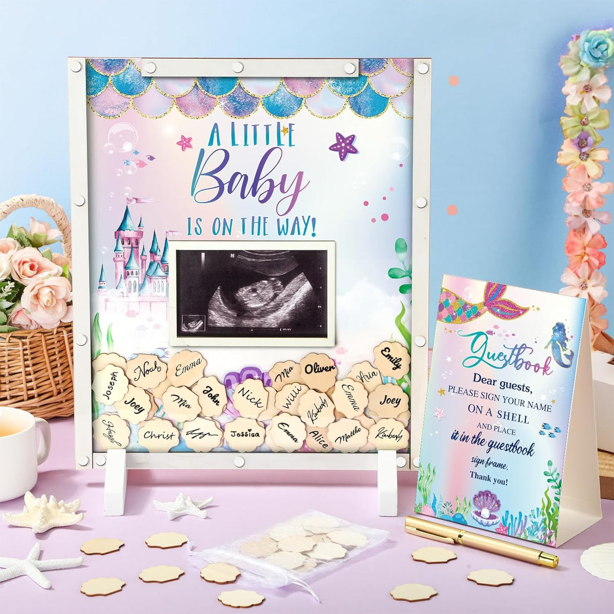65 Pcs Mermaid Baby Shower Guest Book Alternatives He or She Gender Reveal Baby Shower Decorations
