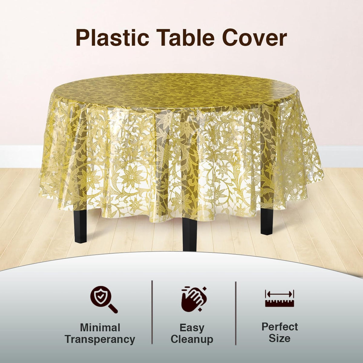 Exquisite Lace Table Cloth Round Table Plastic 12-Pack Lace Tablecloth Round 84" | Clear & Gold