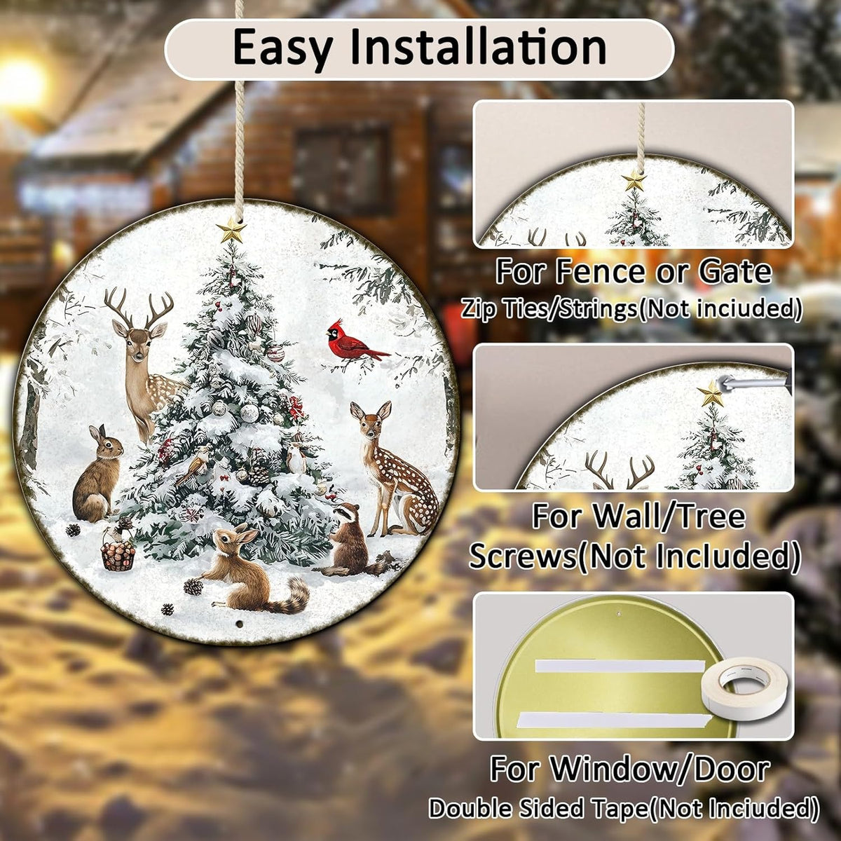 Round Christmas Snow Animals Metal Tin Sign - Vintage Christmas Tree & Winter Sign for Home &