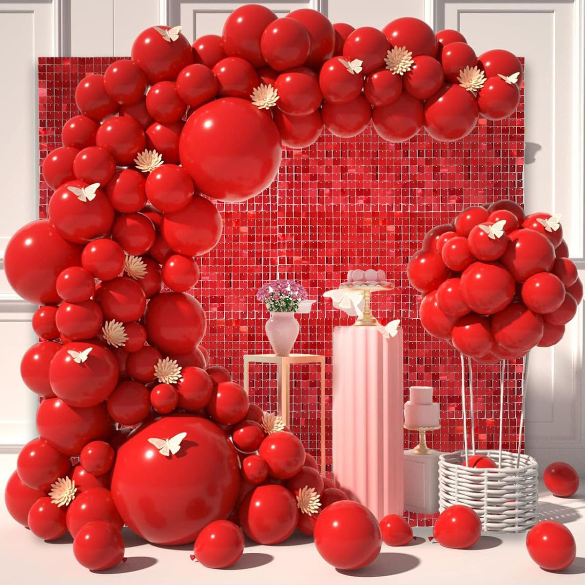 24PCS Red Shimmer Wall Backdrop, Square Sequin Backdrops Panel, Glitter Wall Background for