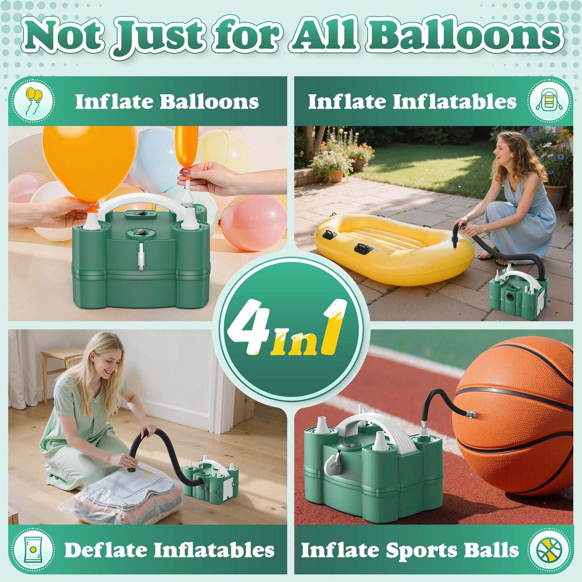 Balloon Pump 4-in-1 Electric Balloon Inflator with Triple Inflating Ports for All Balloons Air