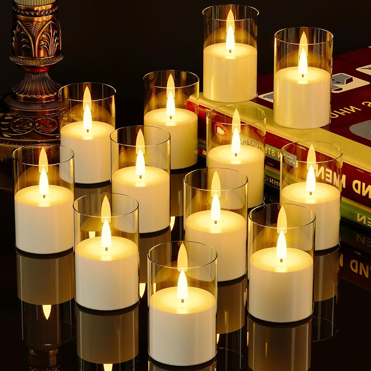 12Pack Flickering Flameless LED Candles with Timer, Battery Powered - Small Pillar & Votive, Clear