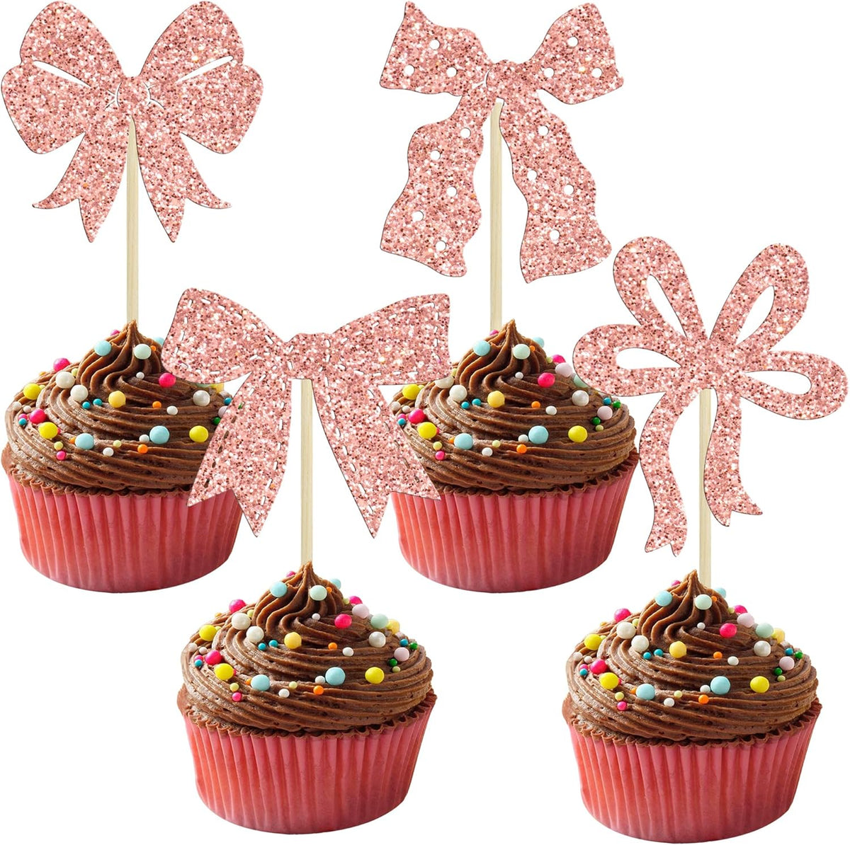 Ephlyn 24Pcs Bow Cupcake Toppers Bow Birthday Cake Topper Girls Birthday Party Decorations Bowknot