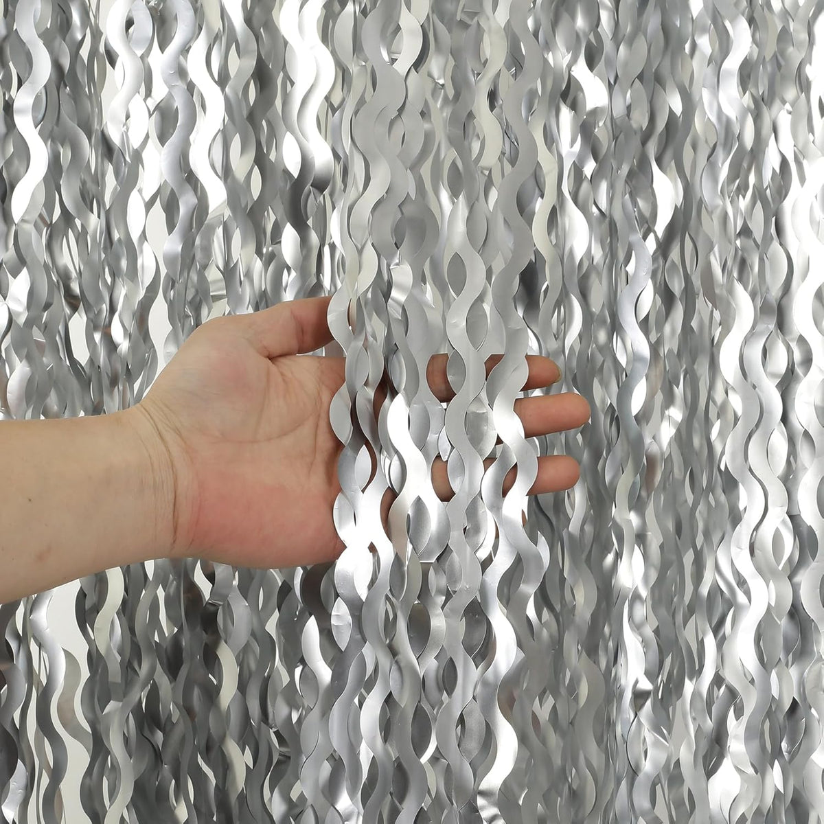 4 Pack 3.3x6.6ft Silver Foil Fringe Backdrop - Wavy Metallic Tinsel Foil Curtains Photo Booth