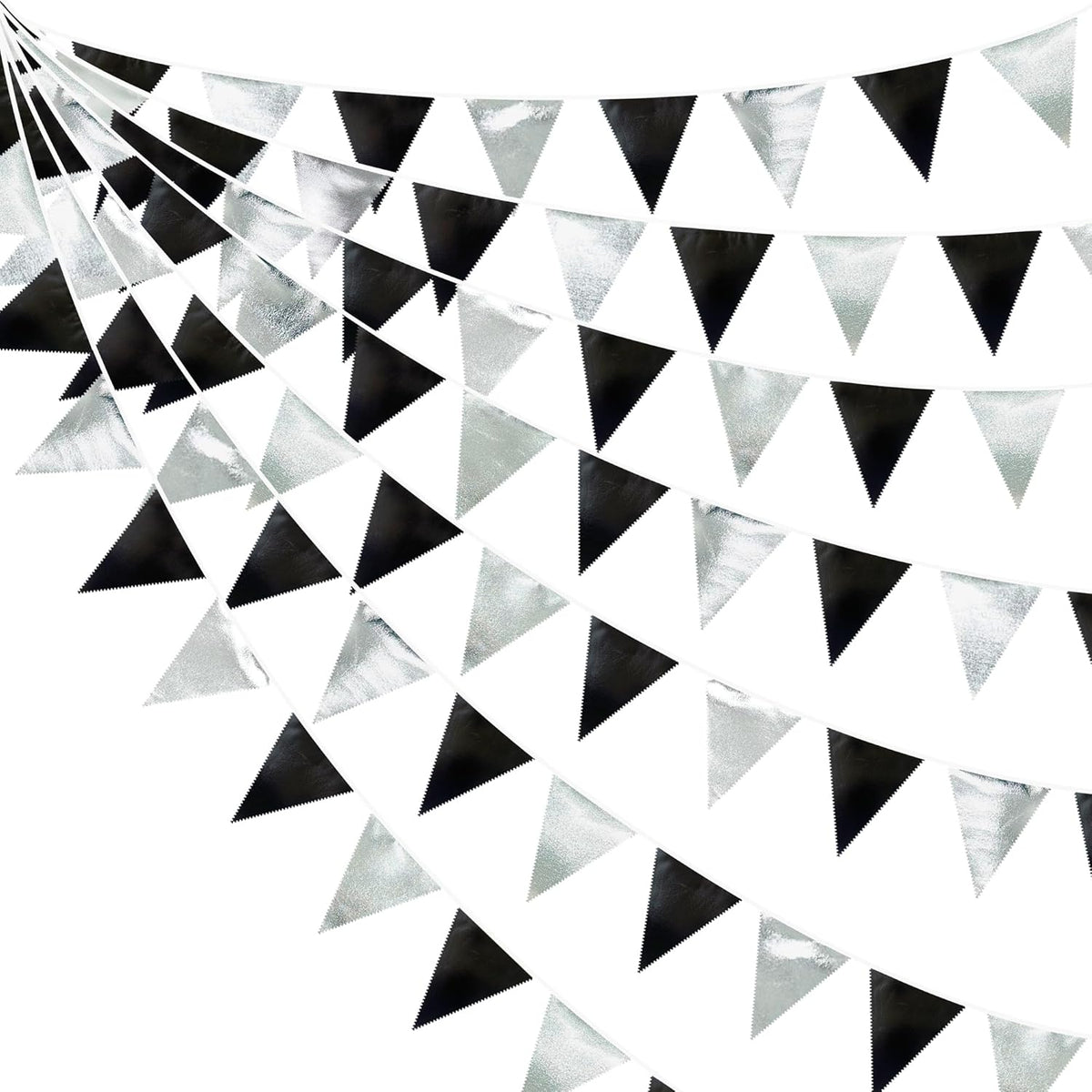 Black and Silver Party Decorations Triangle Pennant Banner Flag Metallic Fabric Bunting Garland for