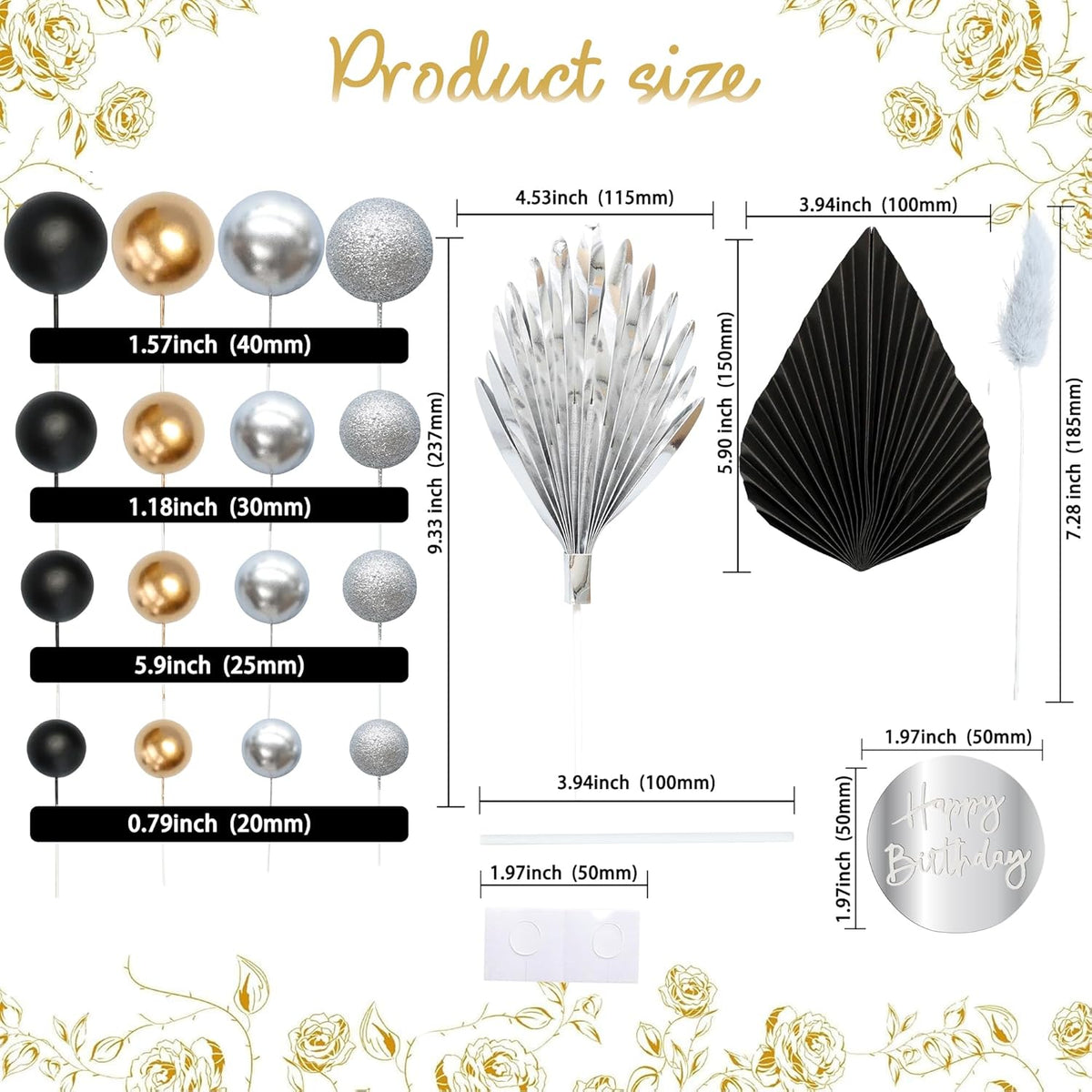 Ephlyn 33 Pack Balls Cake Toppers Boho Palm Leaves Cake Decorations Round Acrylic Happy Birthday