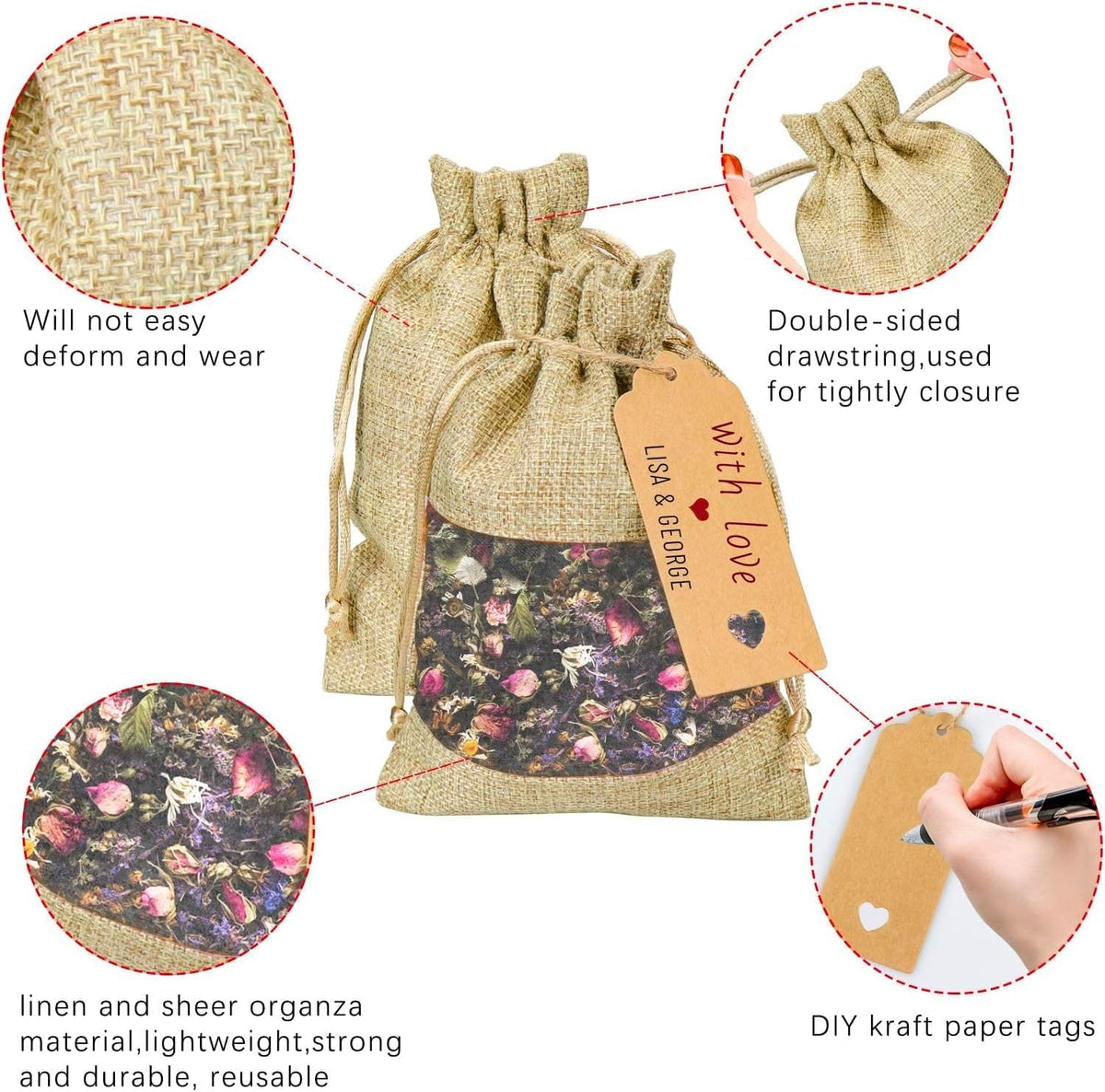 GIOIPC 20Pcs 6 x 9 Inch Linen Burlap Sheer Bags with Drawstring and Bonus Gift Tags for Wedding