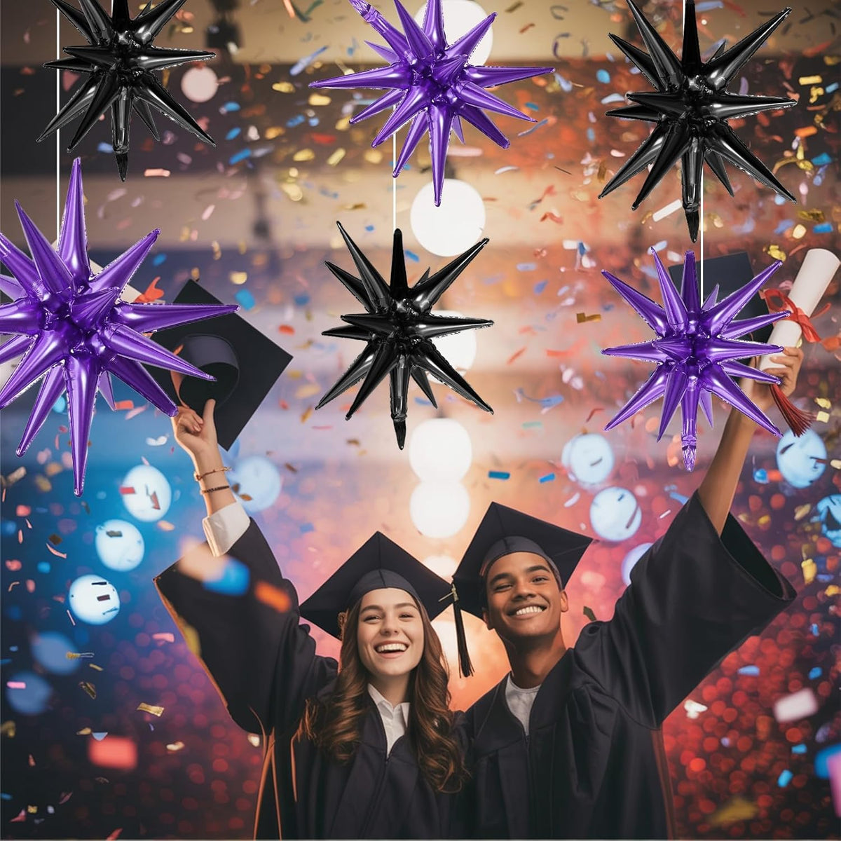 Black Purple Star Balloons,9Pcs 22Inch Black Purple Explosion Spike Cone Helium Polyester Film Star