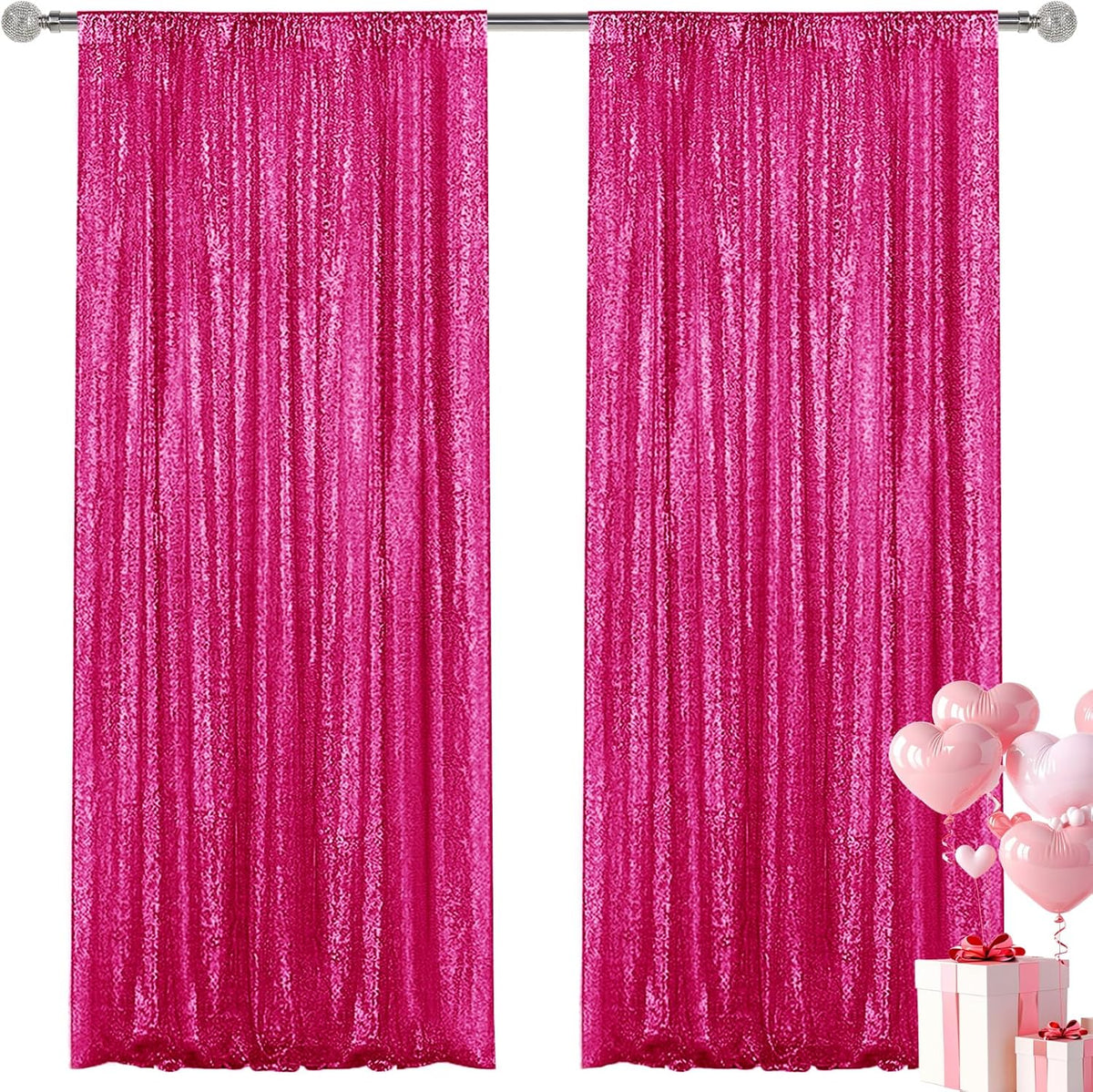 Fuchsia Sequin Backdrop Curtain 2 Pieces 2FTx8FT Glitter Photography Backdrop for Party Wedding