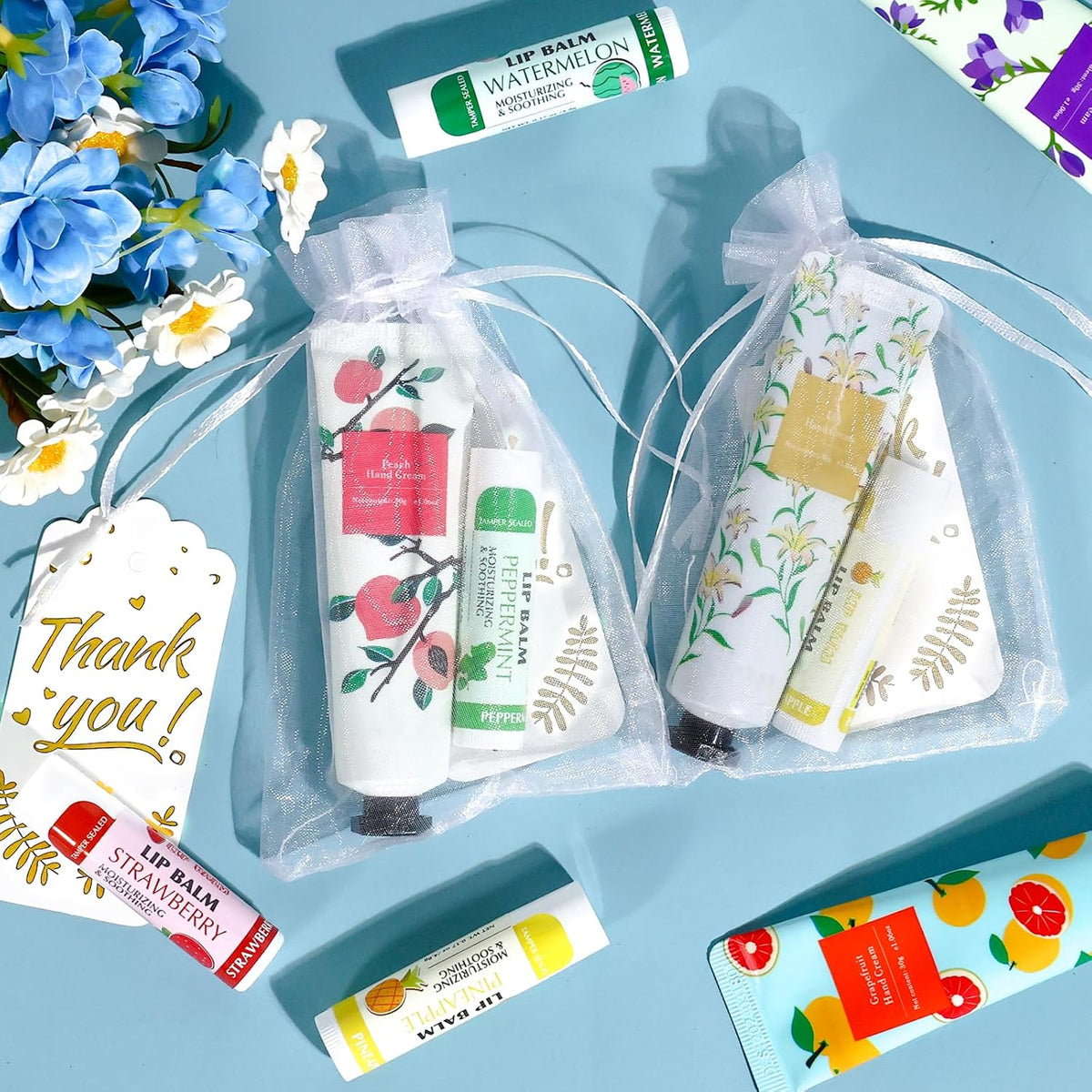 AZEN 24 Sets Bulk Gifts, Hand Cream and Lip Balm Bulk Set with Organza Bag Thank You Card, Baby