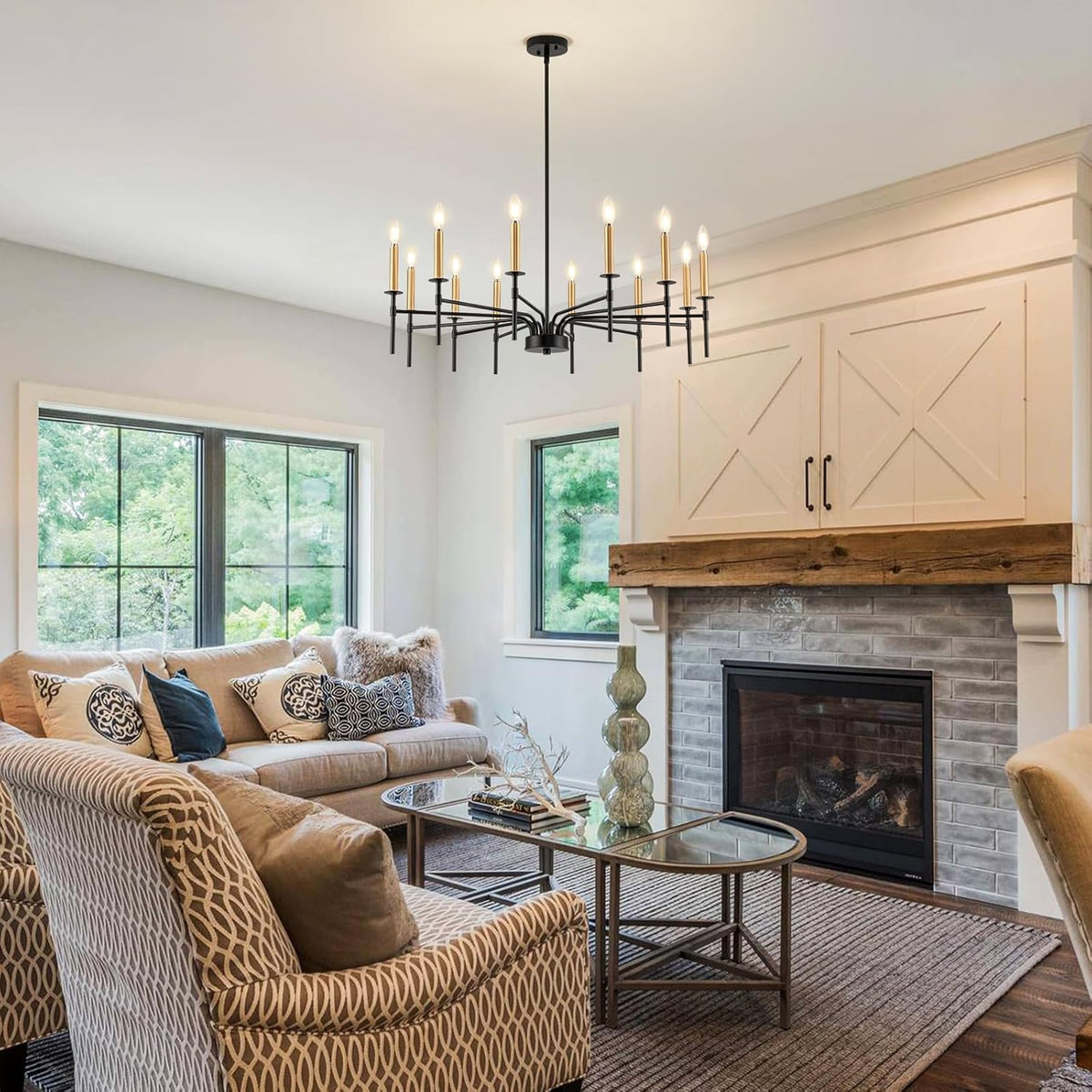 12 Light Modern Farmhouse Black and Gold Chandeliers for Dining Room Light Fixture, Metal Candle