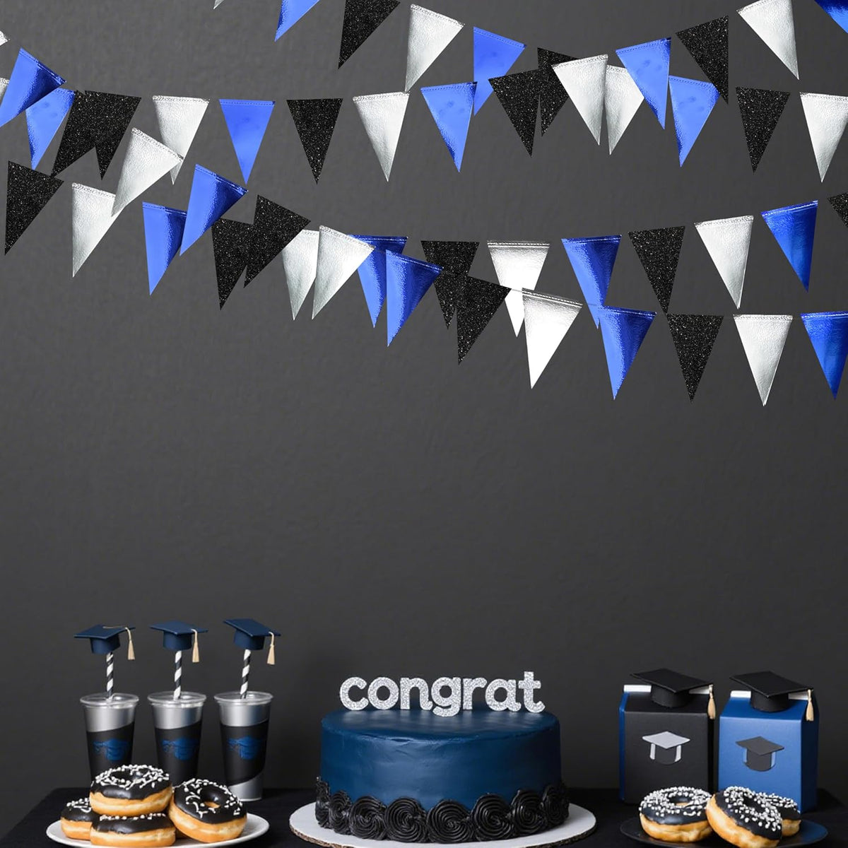 30Ft Navy Blue Black and Silver Party Decorations Royal Blue Triangle Flag Pennant Banner Bunting