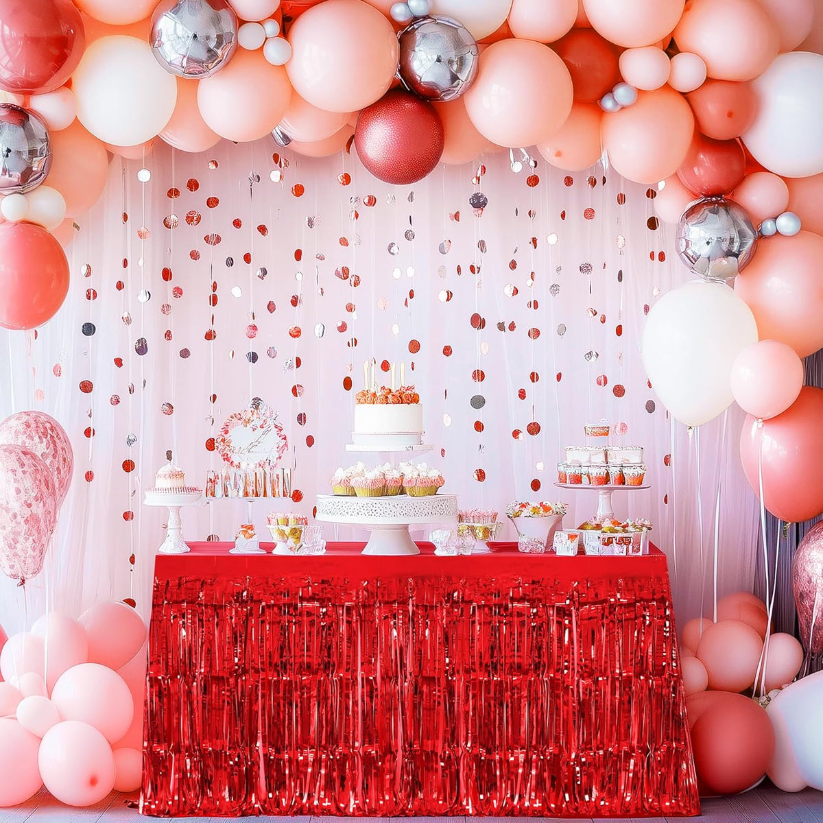 2 Pack Red Table Skirts, 29x108" Metallic Foil Tinsel Fringe Table Skirts for Rectangle Tables