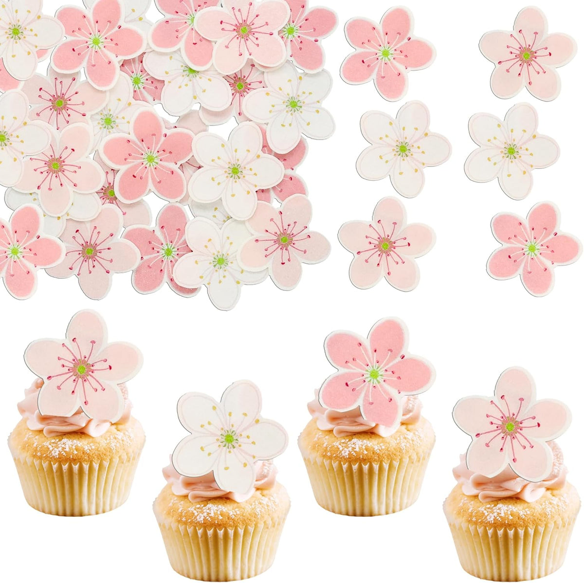 Ephlyn 54Pcs Edible Cherry Blossom Cake Decoration Spring Flowers Cupcake Toppers Wafer Paper