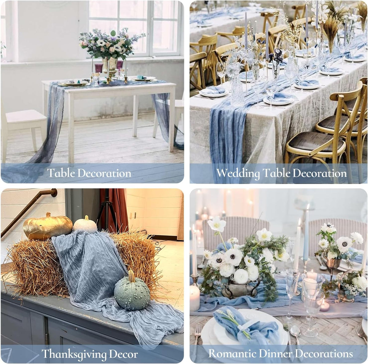 12 Pack Dusty Blue Cheesecloth Table Runners 35x120 Inch,10FT Boho Fall Thanksgiving Blue Gauze
