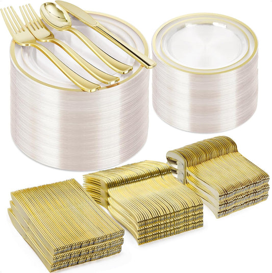 600PCS Clear Gold Plastic Plate Set (100 Guests), Plastic Plates for Party Wedding Birthday