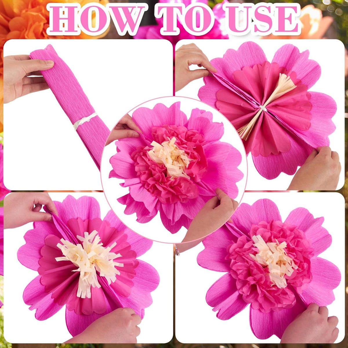 SUNBEAUTY 6 PCS Hot Pink and Orange Paper Flowers Decorations Crepe Paper Flowers 12 in Tissue