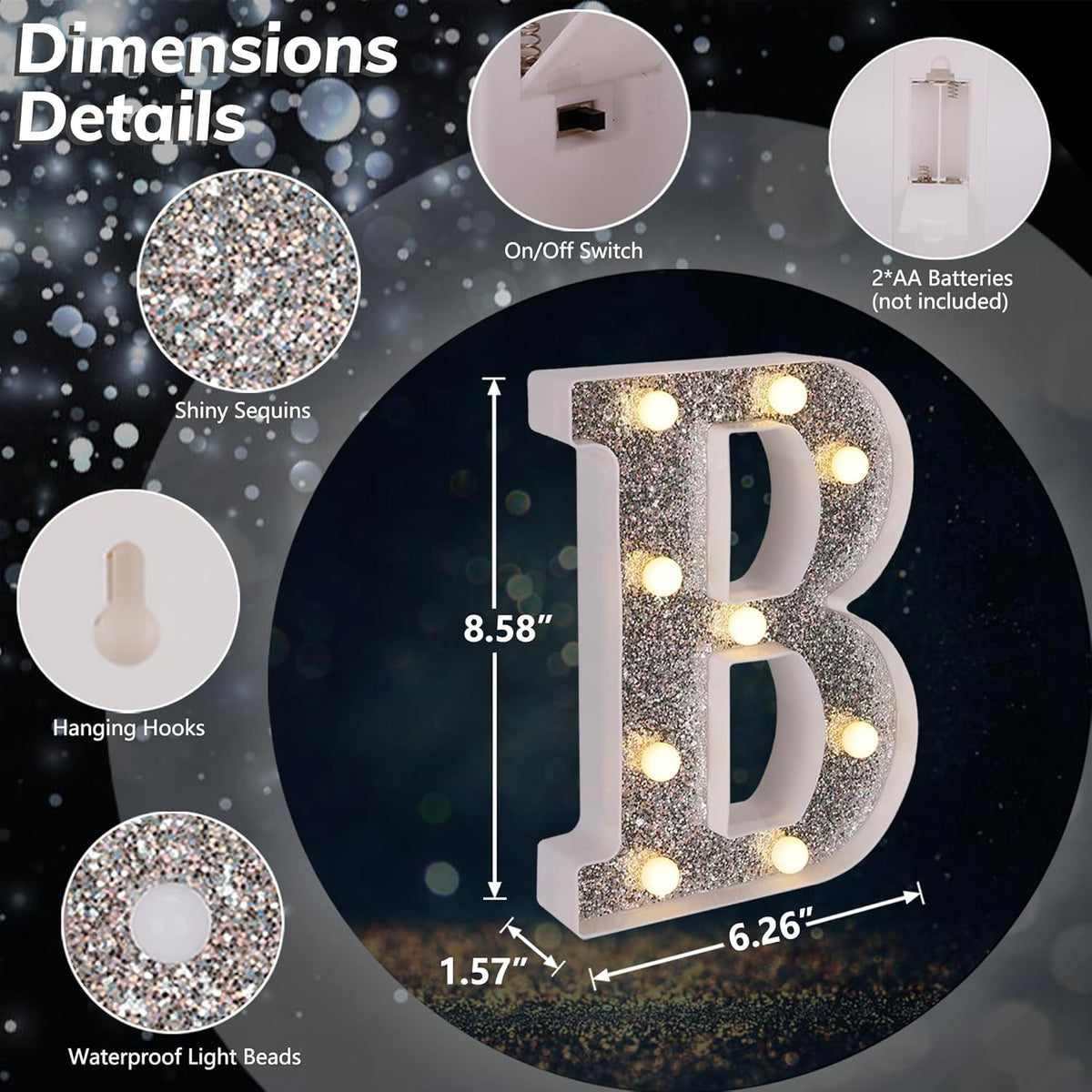 Marquee Light Up Letters, Glitter Silver LED Letter Lights Battery Powered Alphabet Letter Sign for