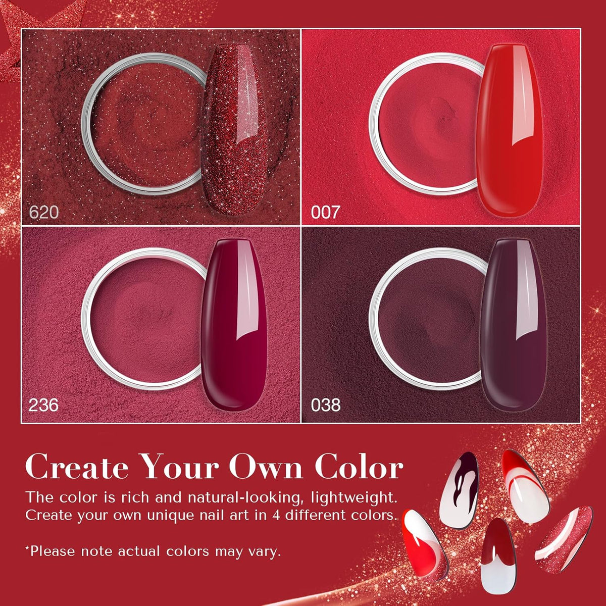 AZUREBEAUTY Dip Powder Nail Kit,4 Colors Red Burgundy Berry Dipping Powder System Liquid Set
