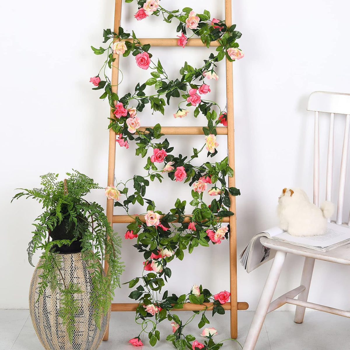 JUSTOYOU Artificial Rose Garland Vines Pink Flowers Hanging Silk Rose Vine for Wedding Home Office