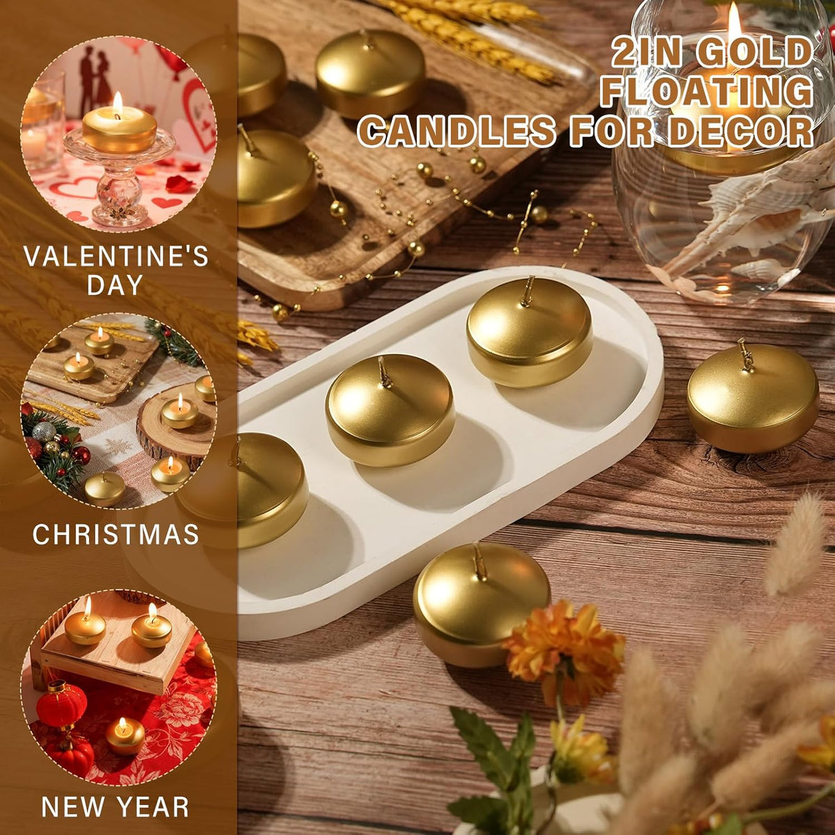 2 inch Gold Floating Candles, 48 Pack Unscented Floating Candles for Centerpieces,5-6 Hours Water