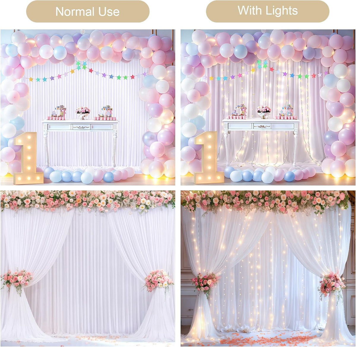White Backdrop Curtains with Lights for Parties,10x10FT Wrinkle Free White Drapes Wedding Photo