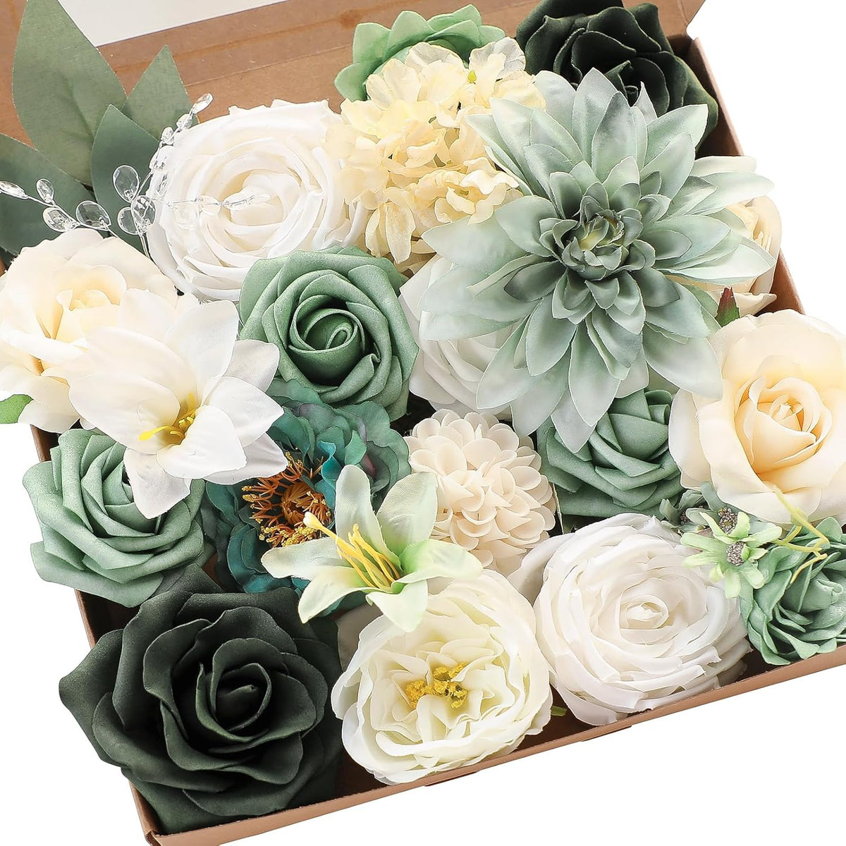 Floroom Sage Green Artificial Flowers Fake Roses Peonies Dahlia Greenery Combo Box Set for DIY