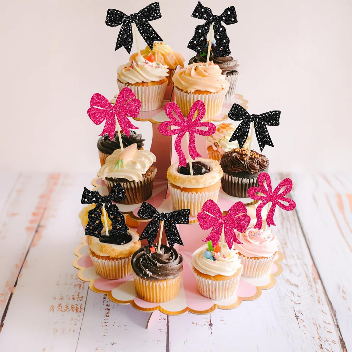Ephlyn 24Pcs Pink Bow Cupcake Toppers Bow Birthday Cake Topper Girls Birthday Party Decorations
