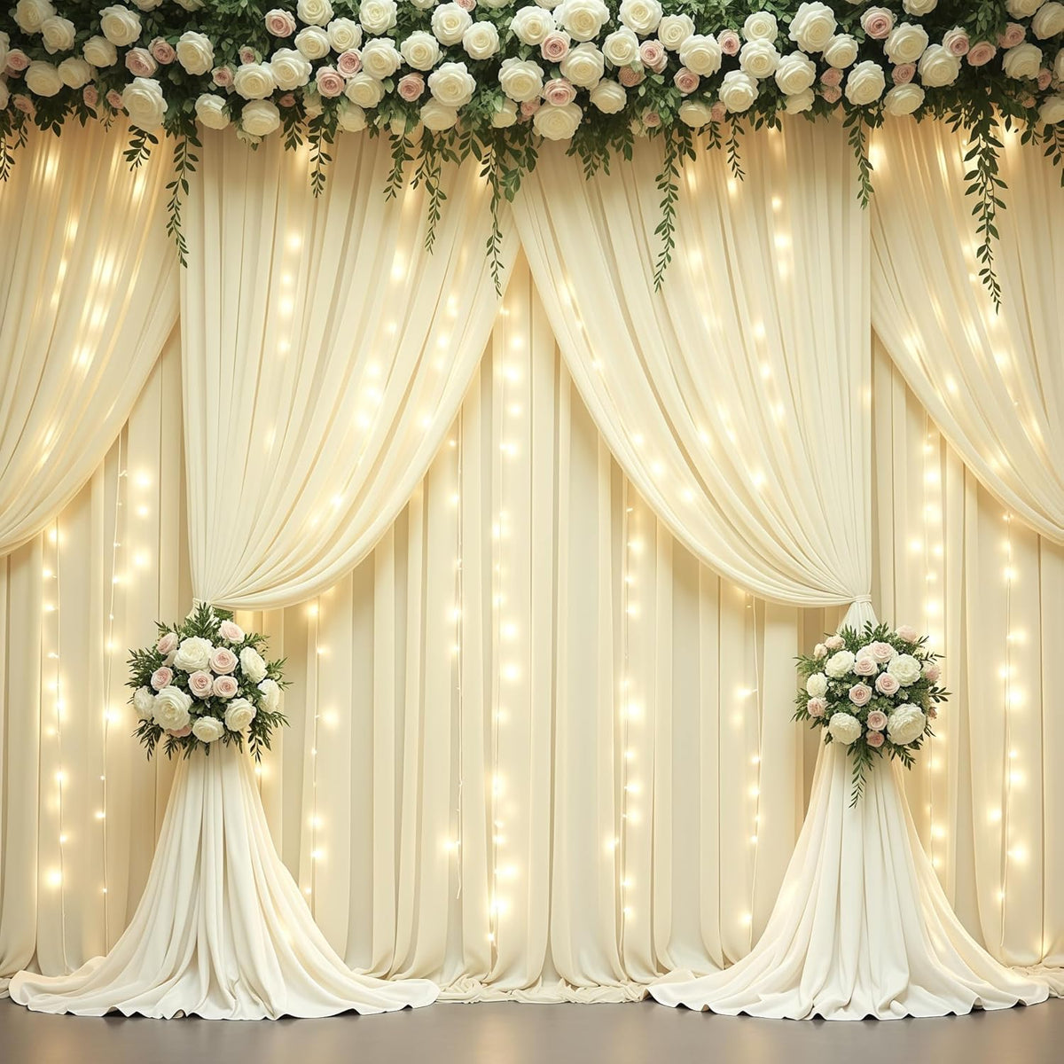 Beige Backdrop Curtains with Lights String for Parties,10x10FT Wrinkle Free Polyester Wedding Photo