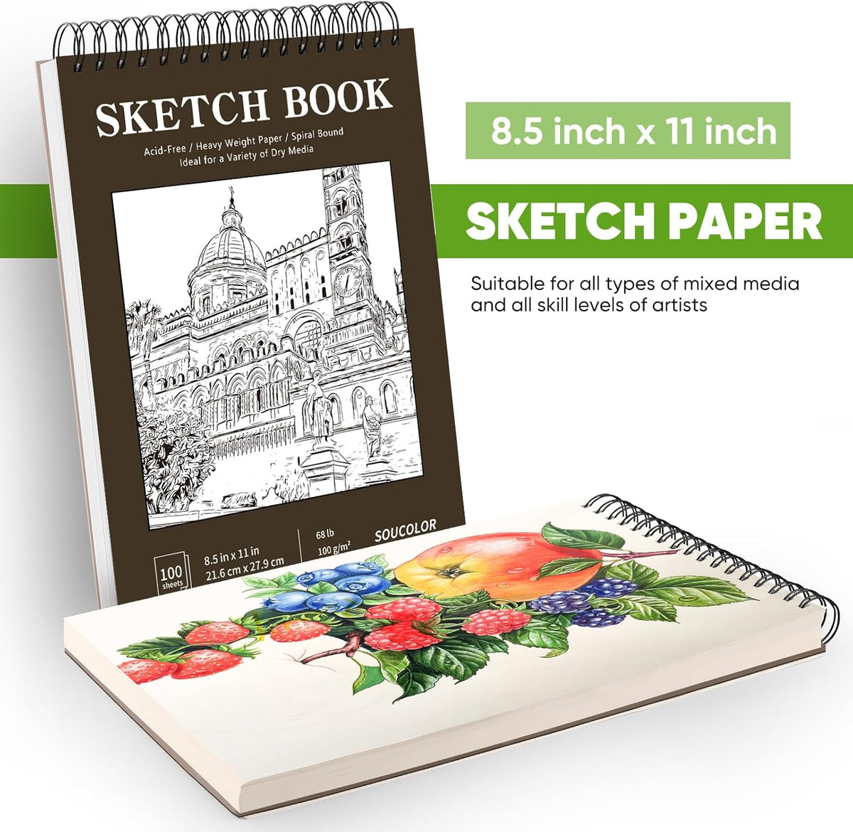 Soucolor Sketchbook 8.5x11 Hard Cover - 100 Sheets Spiral Bound Sketch Pad 8.5" x 11", 68lb/100gsm