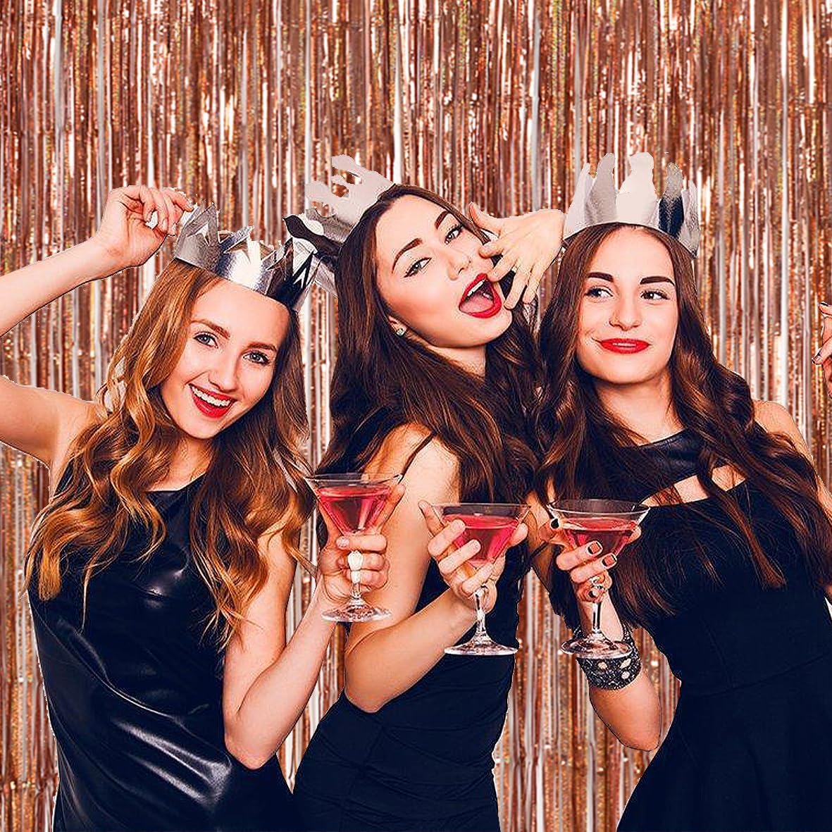 TONIFUL 3Pcs Laser Rose Gold Door Streamers,Laser Rose Gold Photo Booth Backdrop Metallic Streamers