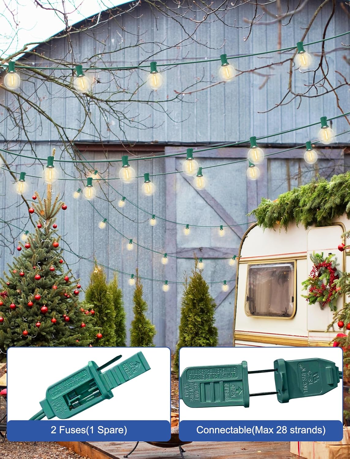 SUNSGNE 25Ft Round Christmas Lights Outdoor, G40 Globe String Lights with 27 LED Clear Lights(2