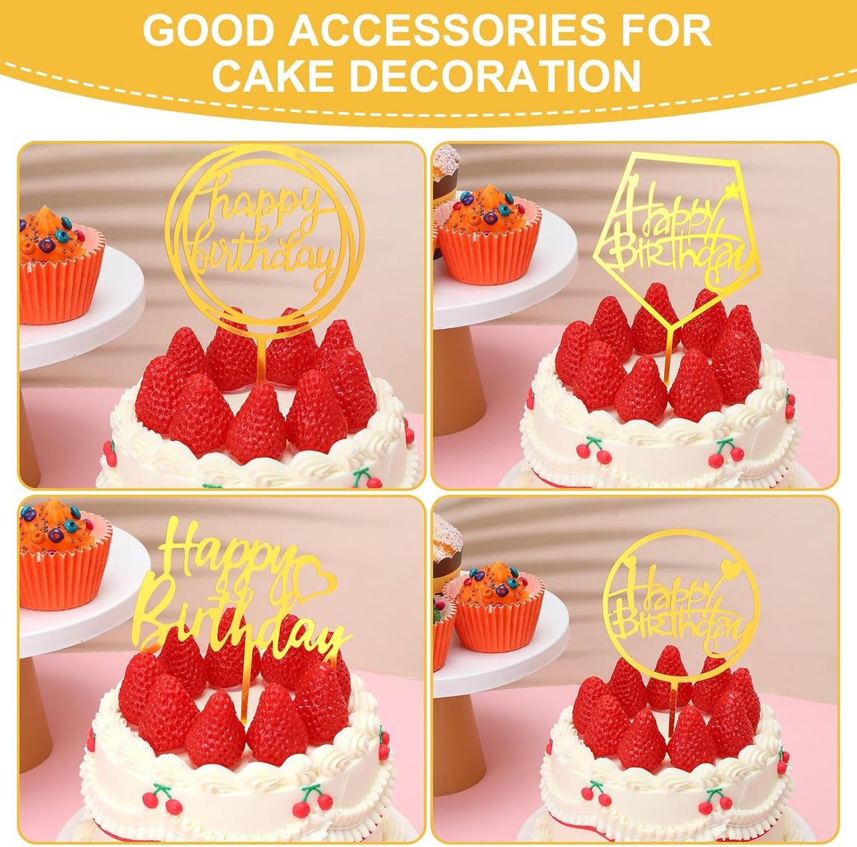 100 Pcs Gold Happy Birthday Cake Toppers Gold Acrylic Cake Topper Glitter Birthday Cake Decorations