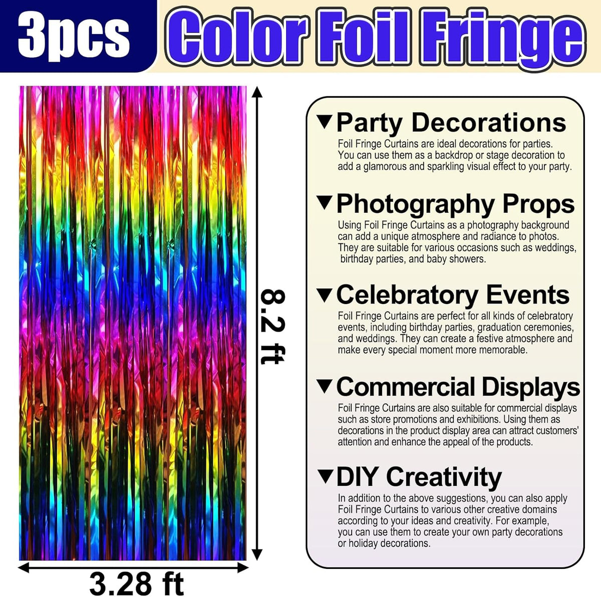 3 Pack Rainbow Foil Fringe Curtain Backdrop, 3.28Ft x 8.2Ft Metallic Tinsel Foil Fringe Streamer