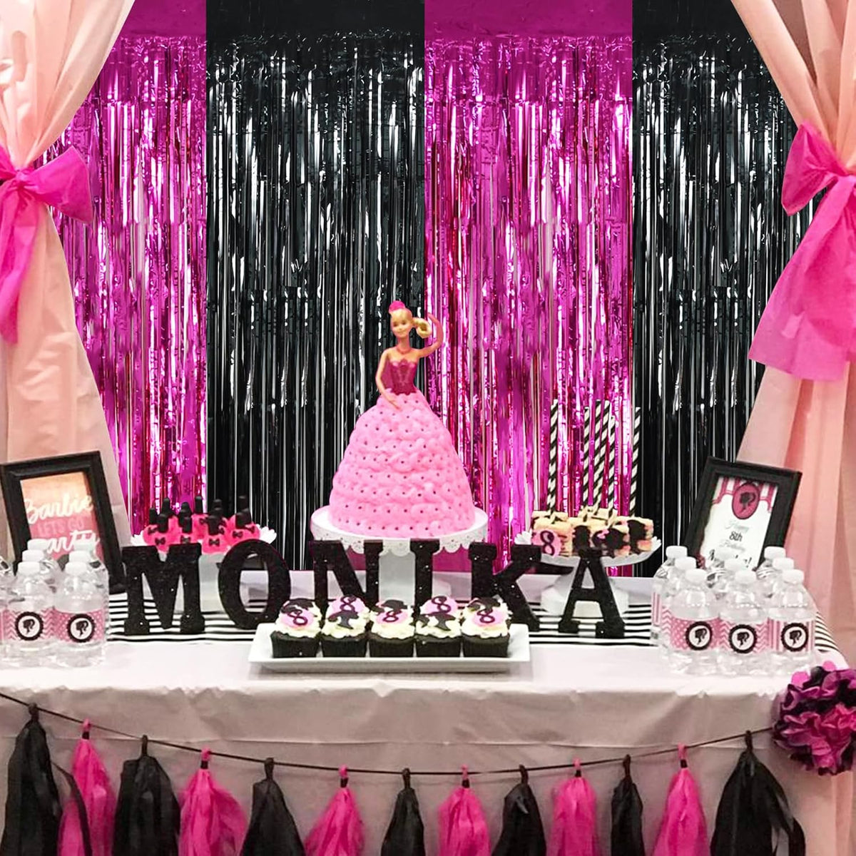 BEISHIDA 4 Pcs Hot Pink Black Door Streamers Curtain Party Streamers Backdrop Pink Party Hot Pink