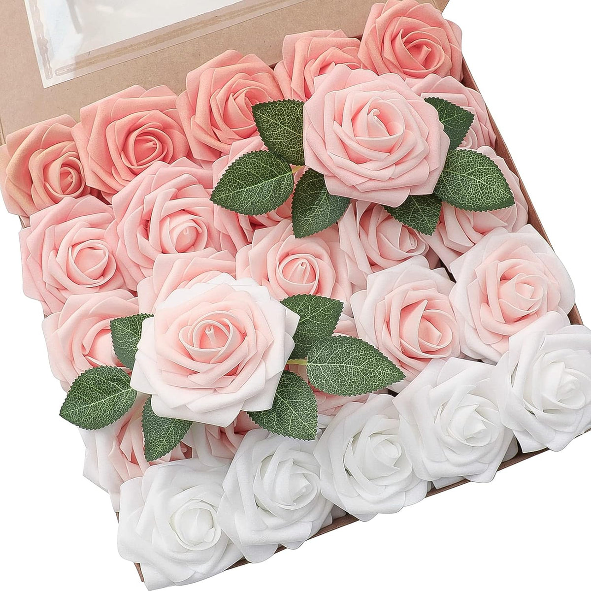 Floroom Artificial Flowers 25pcs Real Looking Blush Ombre Colors Foam Fake Roses with Stems for DIY
