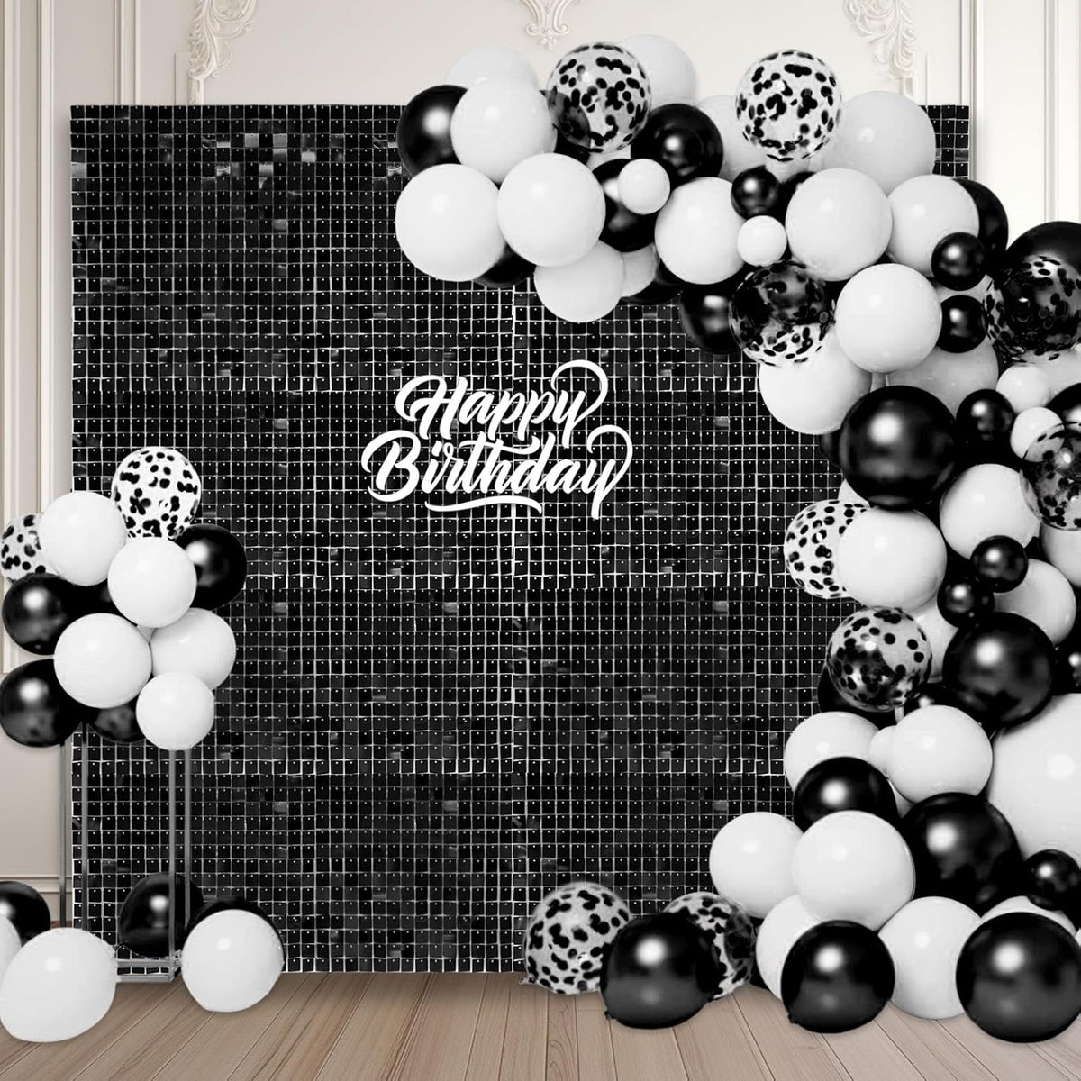 24PCS Black Shimmer Wall Backdrop, Square Sequin Backdrops Panel, Glitter Wall Background for