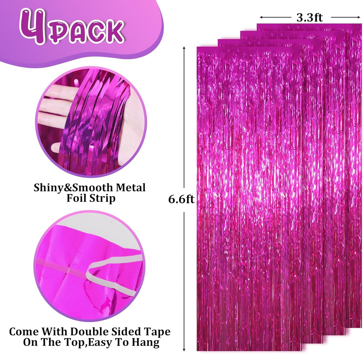4 Pack Pink Foil Fringe Backdrop Curtains, Tinsel Streamers Birthday Party Decorations, Fringe
