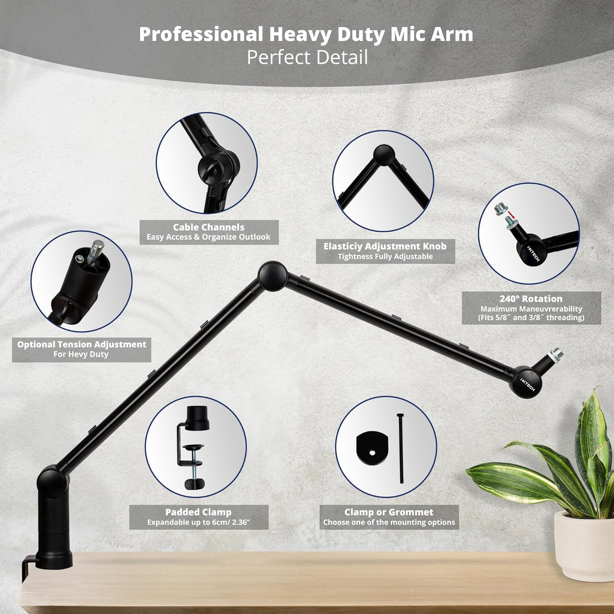 IXTECH Boom Arm - Adjustable 360° Rotatable Microphone Sturdy Stainless Steel Mic Desk, Table Stand