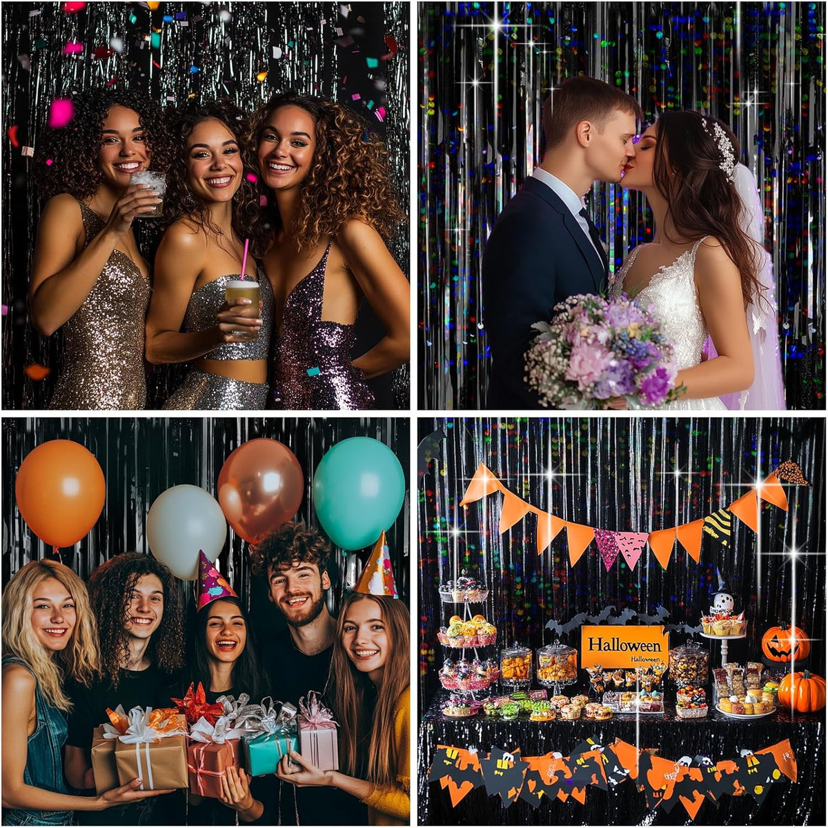 4 Packs Black Foil Fringe Curtain, Glitter Metallic Tinsel Backdrop for Birthday, Wedding, Bridal