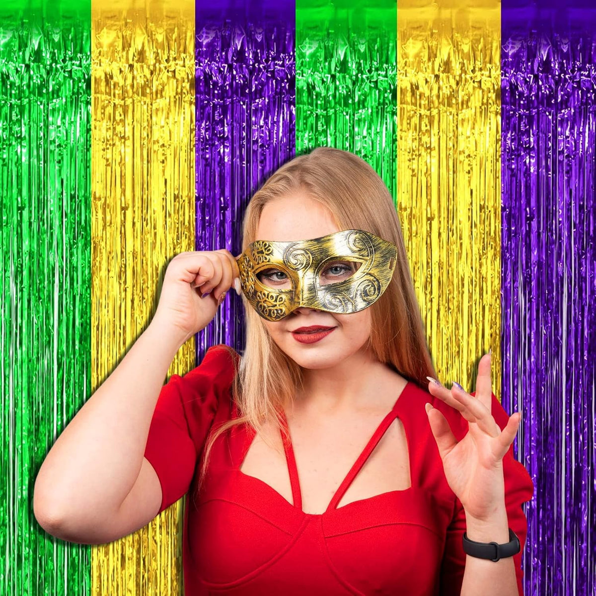 4 Pack Mardi Gras Foil Fringe Curtain Backdrop, 3.28Ft x 8.2Ft Gold Green Purple Metallic Tinsel