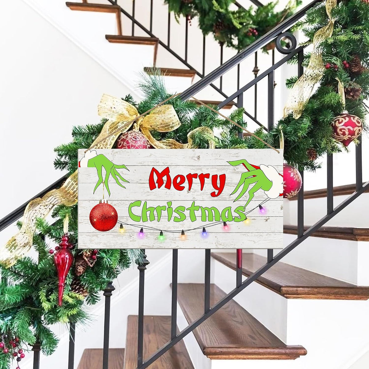 Merry Christmas Hanging Door Sign, Crazy Funny Green Festive Wooden Wall Welcome Decor Winter