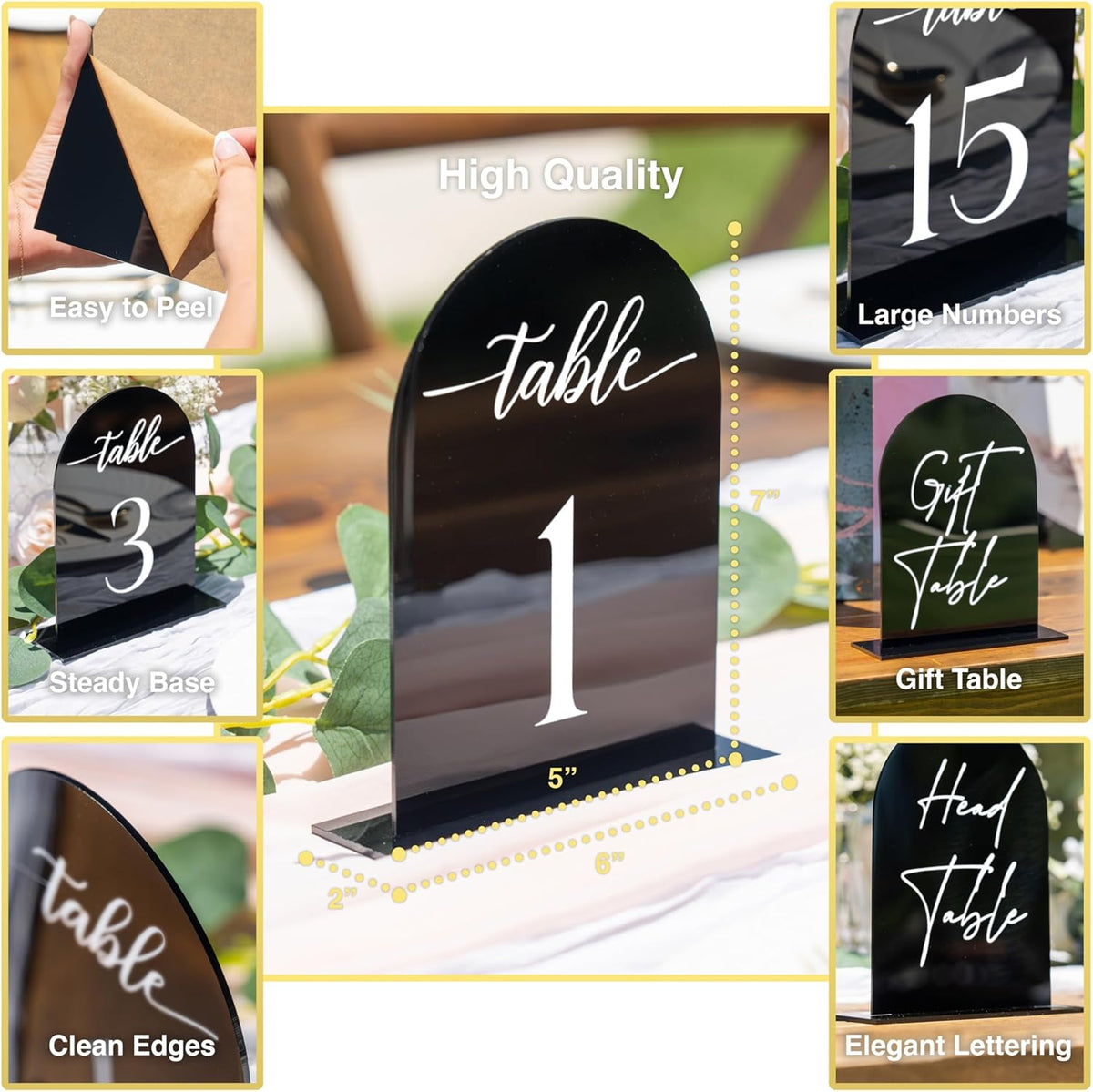 Black Arch Acrylic Table Numbers for Wedding Reception - 5" x 7" White Font Centerpiece Set with
