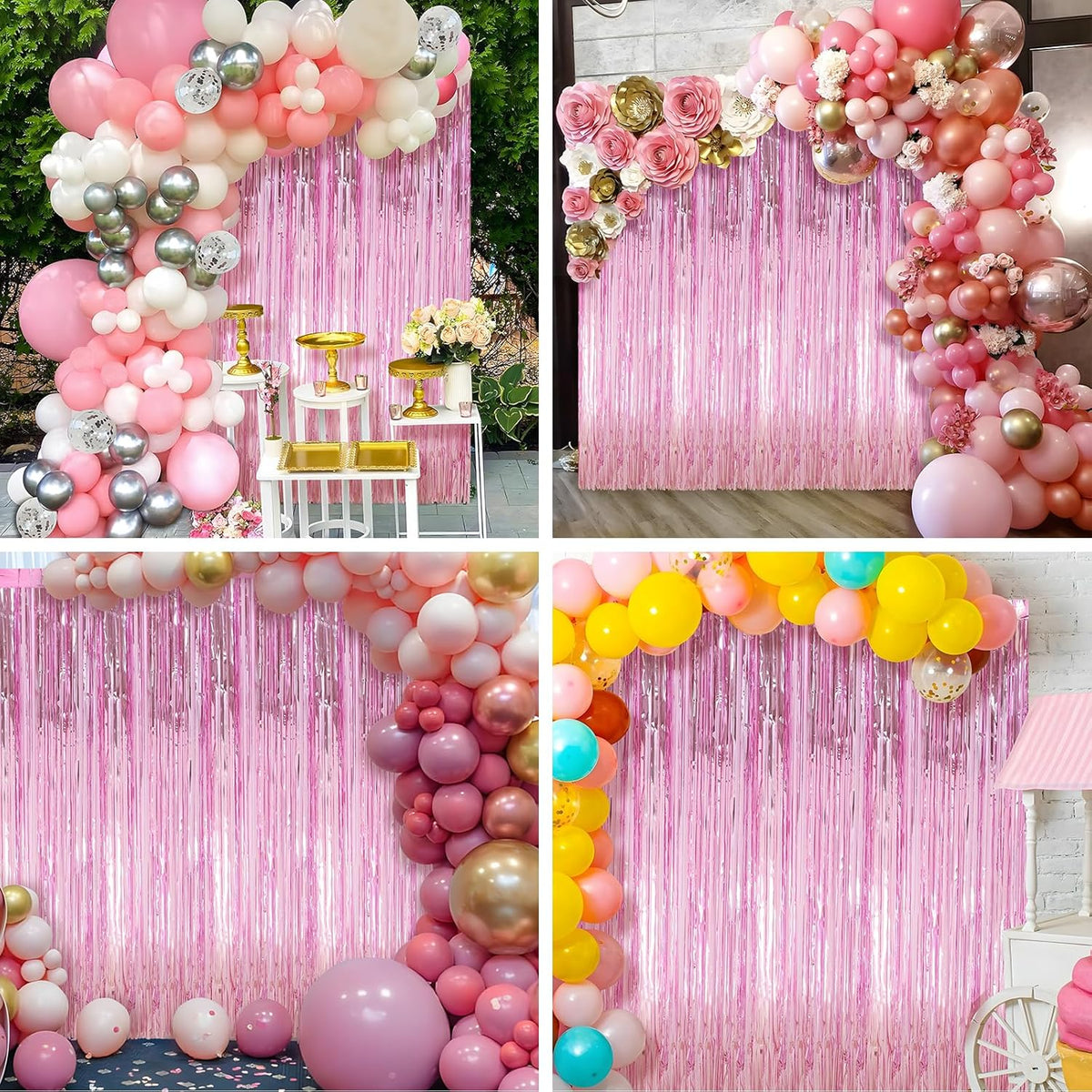 4 Pack Pink Foil Fringe Curtains Door Streamers Party Decorations 3.3 x 8.2 ft, Pink Tinsel Curtain